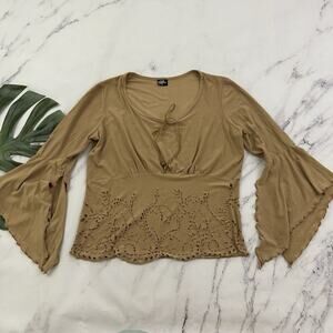 Styles Womens Vintage Y2k Bell Sleeve Top Size M Brown Peasant Floral Cutout